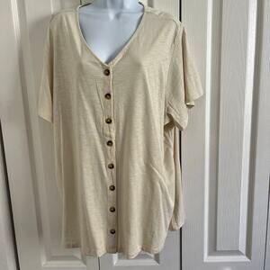 CJ Banks Women’s 2X Beige Button Front Short Sleeve Top NWT Plus Size Blouse